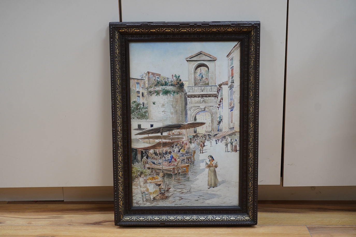 Michele Capuano (Italian, 19th. C), watercolour, Market scene, signed, 51 x 33cm. Condition - fair